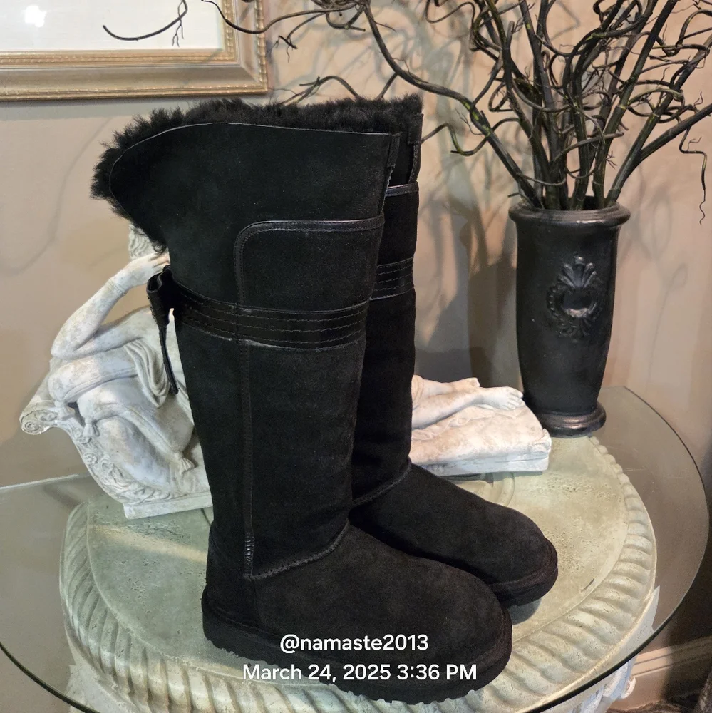 Ugg Genevieve Over The Knee Boots Suede Leather Fur Bows Designer Luxury #159
